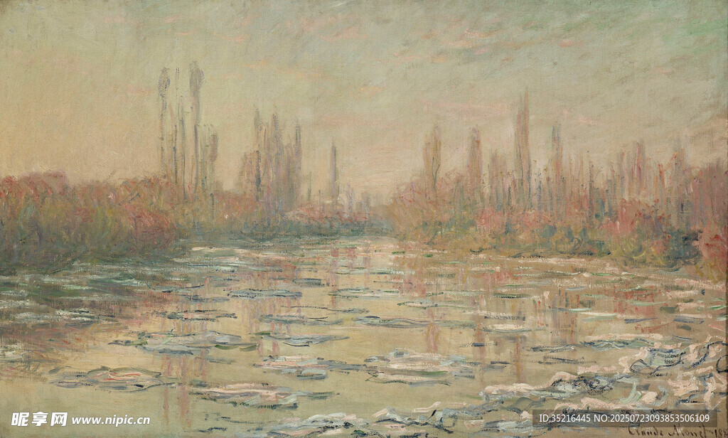 河畔朦胧风景油画