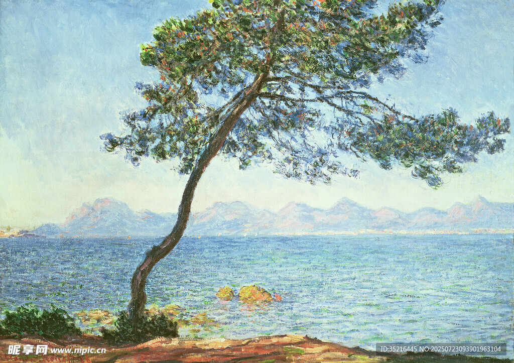 海边孤树风景油画
