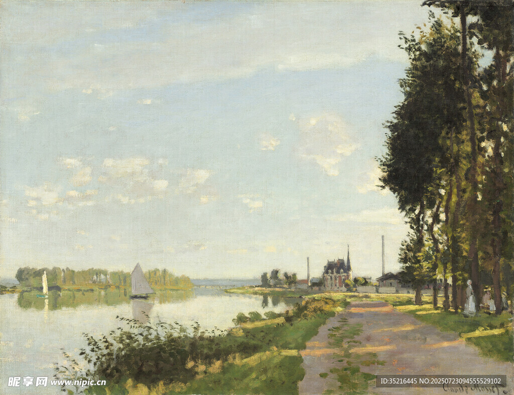 河畔小路风景油画