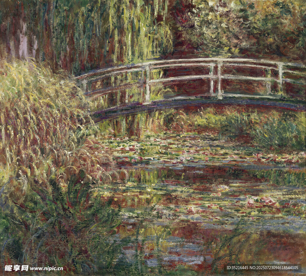莫奈风格池塘木桥风景画