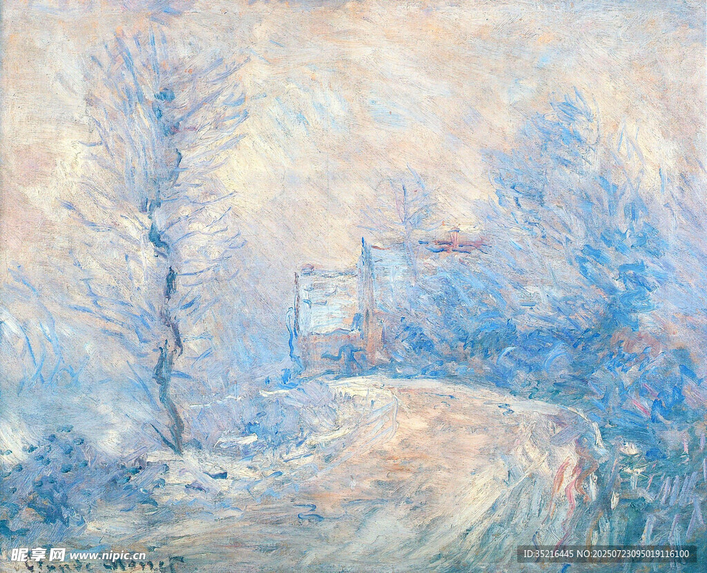 冬日雪景印象派画作
