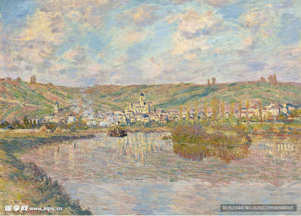 河畔乡村风景油画