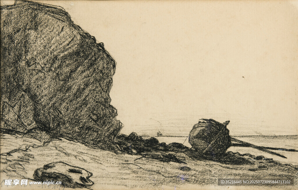 海边岩石风景素描图