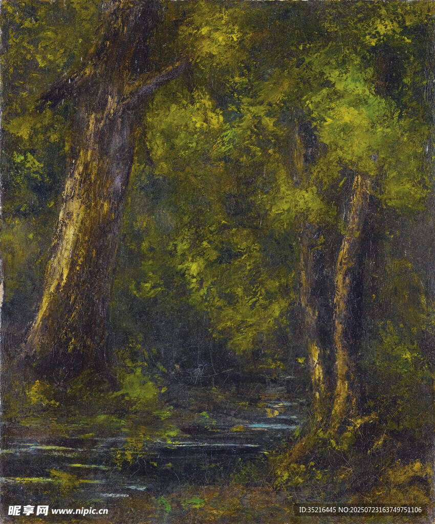 林间溪流风景油画