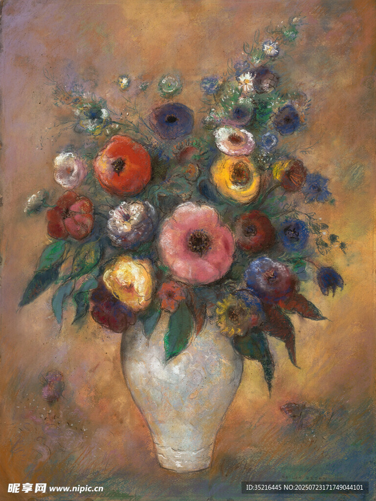 花瓶中的多彩花卉油画