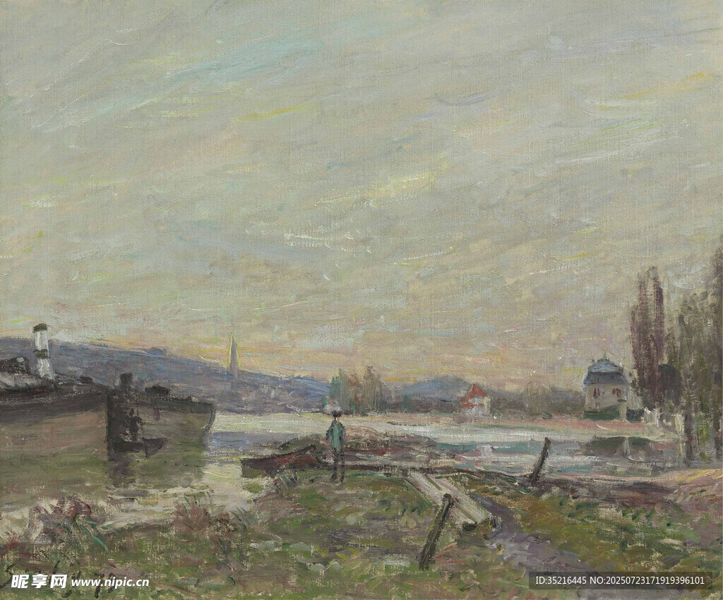 乡村河畔风景油画