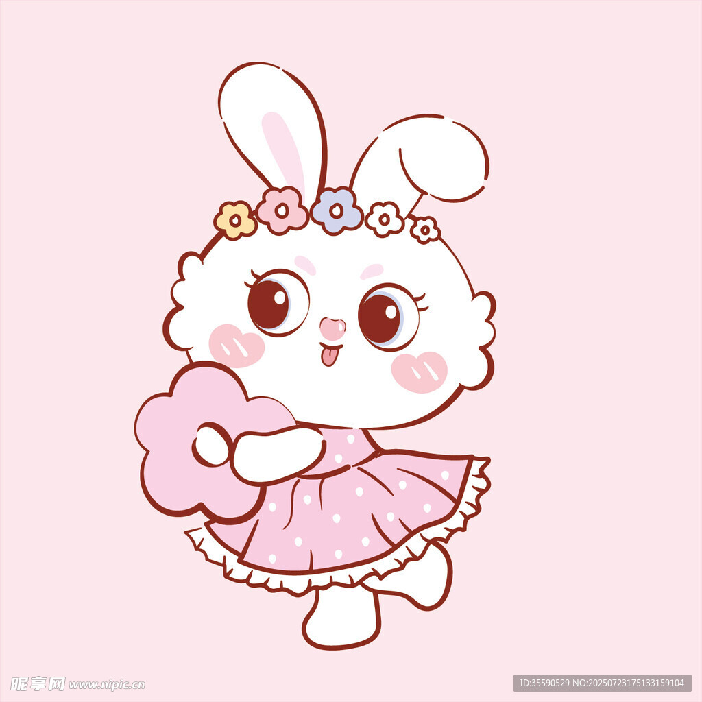 可爱小兔手持花朵穿粉裙