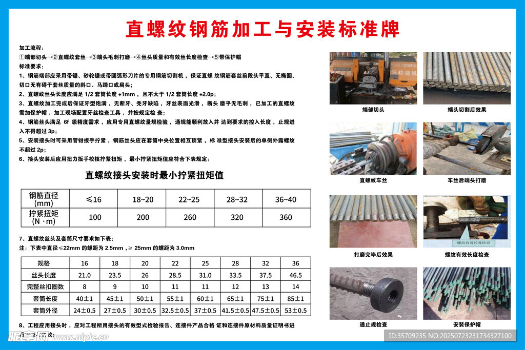 直螺纹钢筋加工与安装标准牌