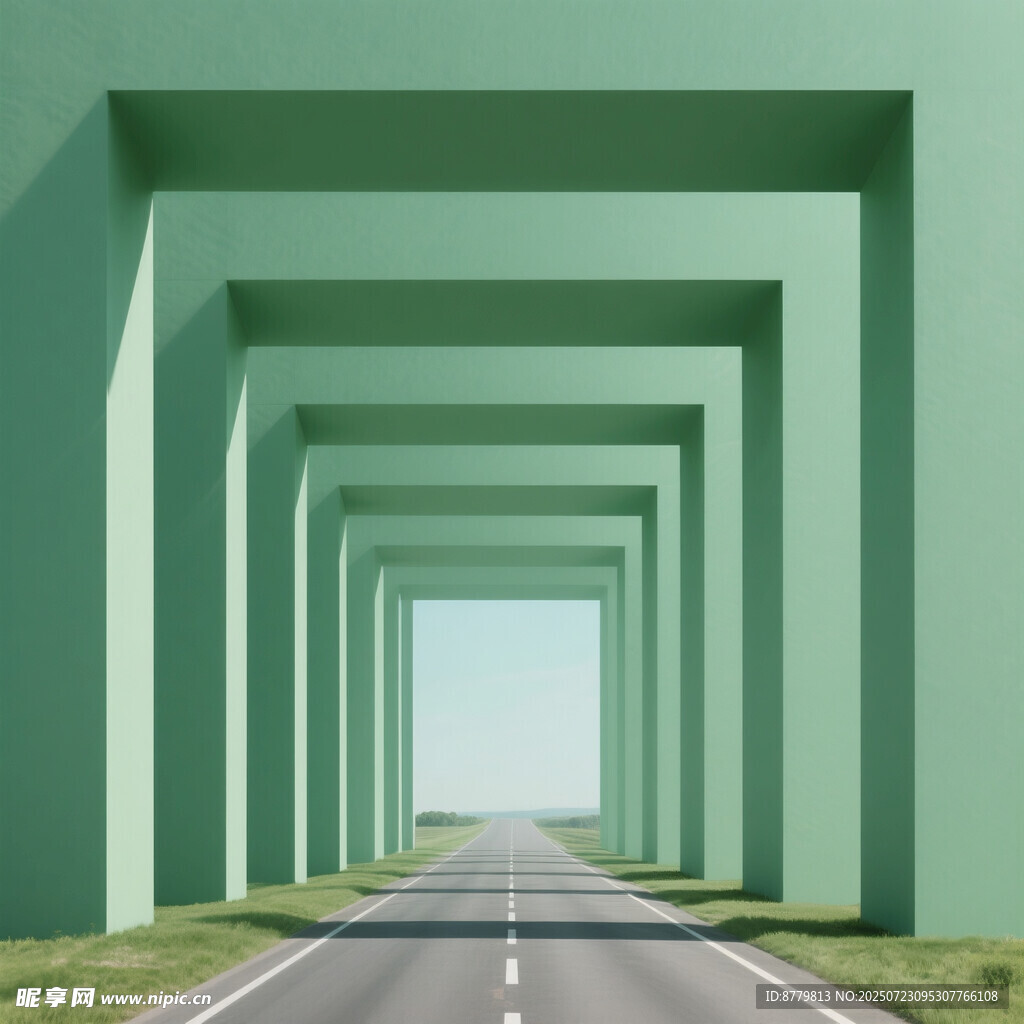 绿色柱廊下的延伸道路