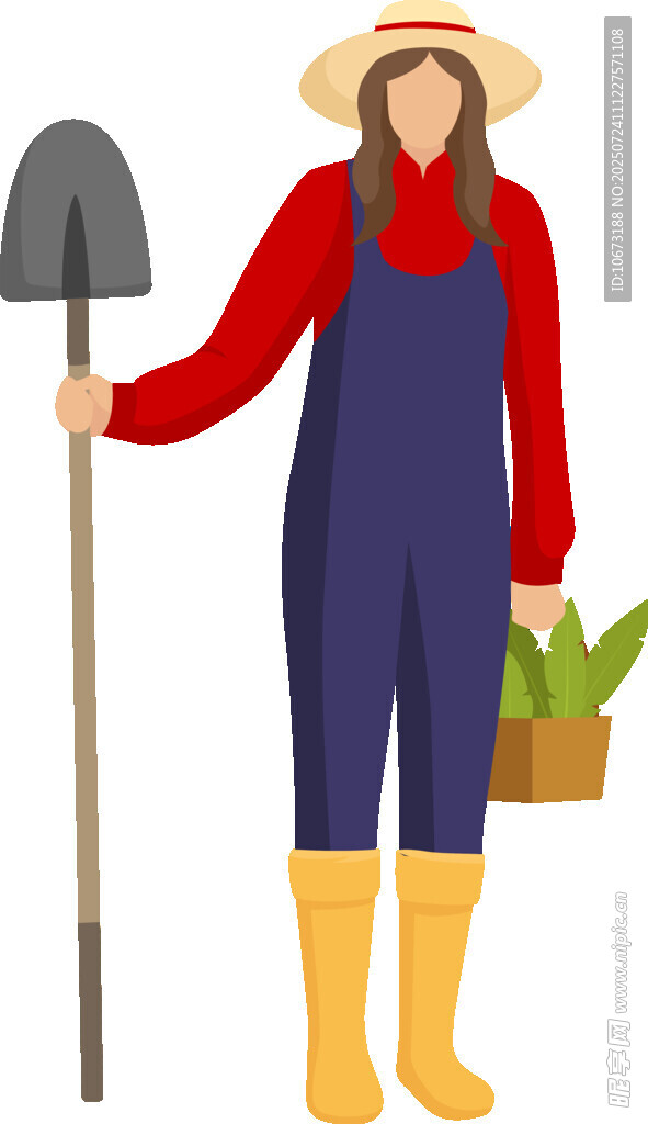 女农夫手持农具提篮劳作