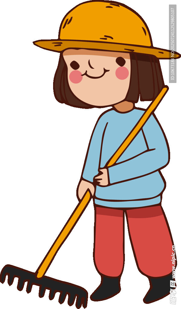 戴帽女孩手持耙子劳作
