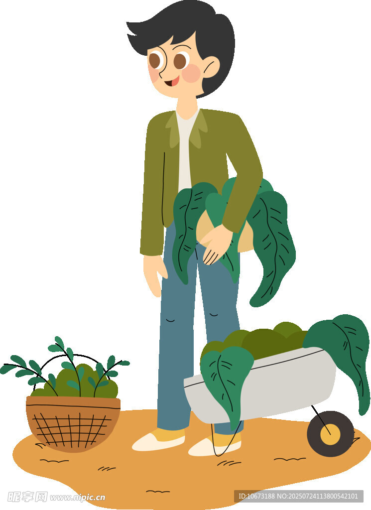 男子推独轮车搬运新鲜蔬菜