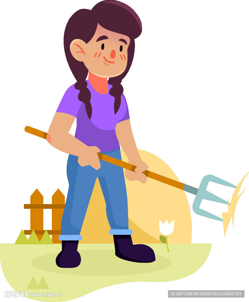 女孩持农具在庭院劳作