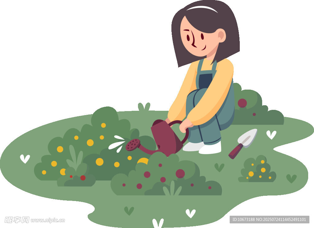 女孩花园中专注种花
