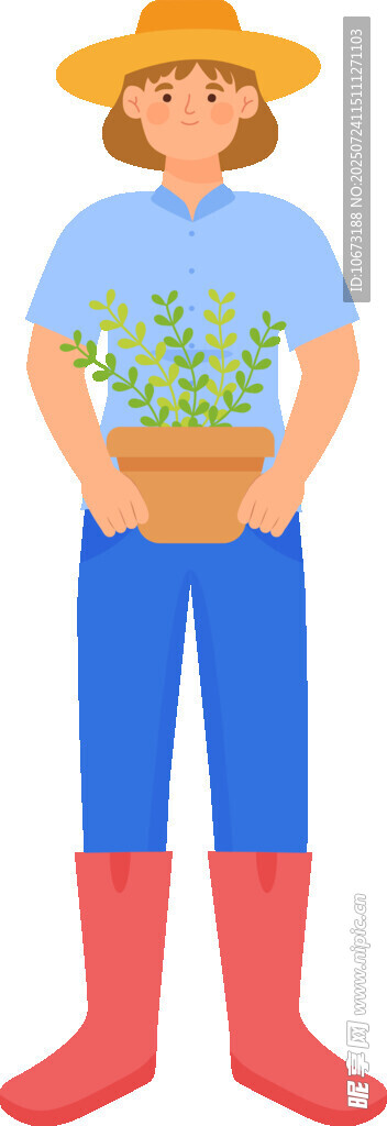 戴帽农妇手持绿植盆栽