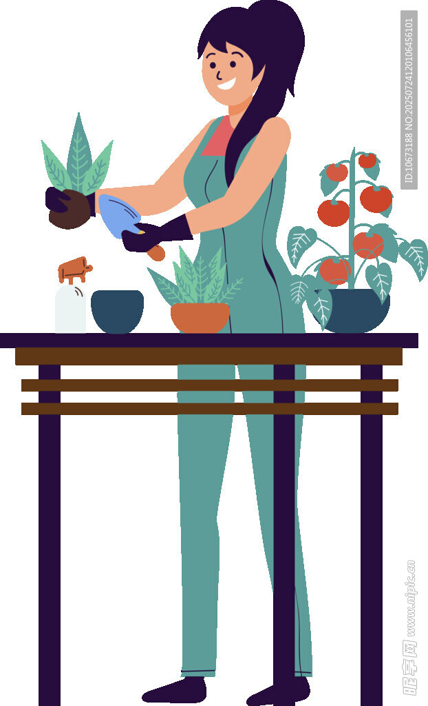 女士专注盆栽园艺时刻