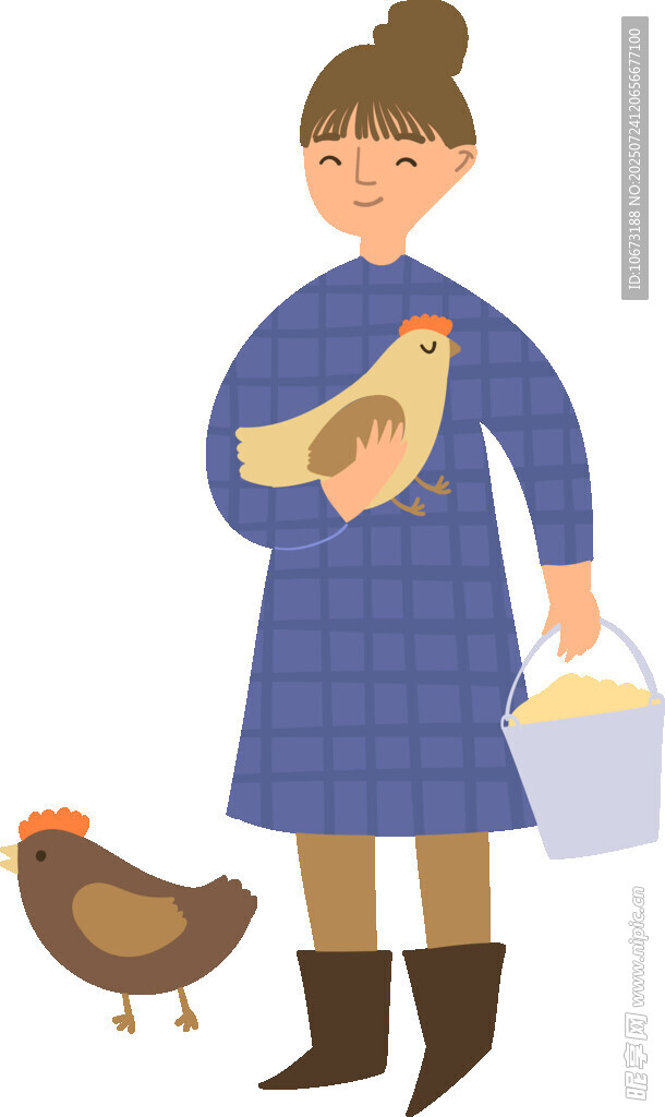 女子抱鸡提桶与鸡同行