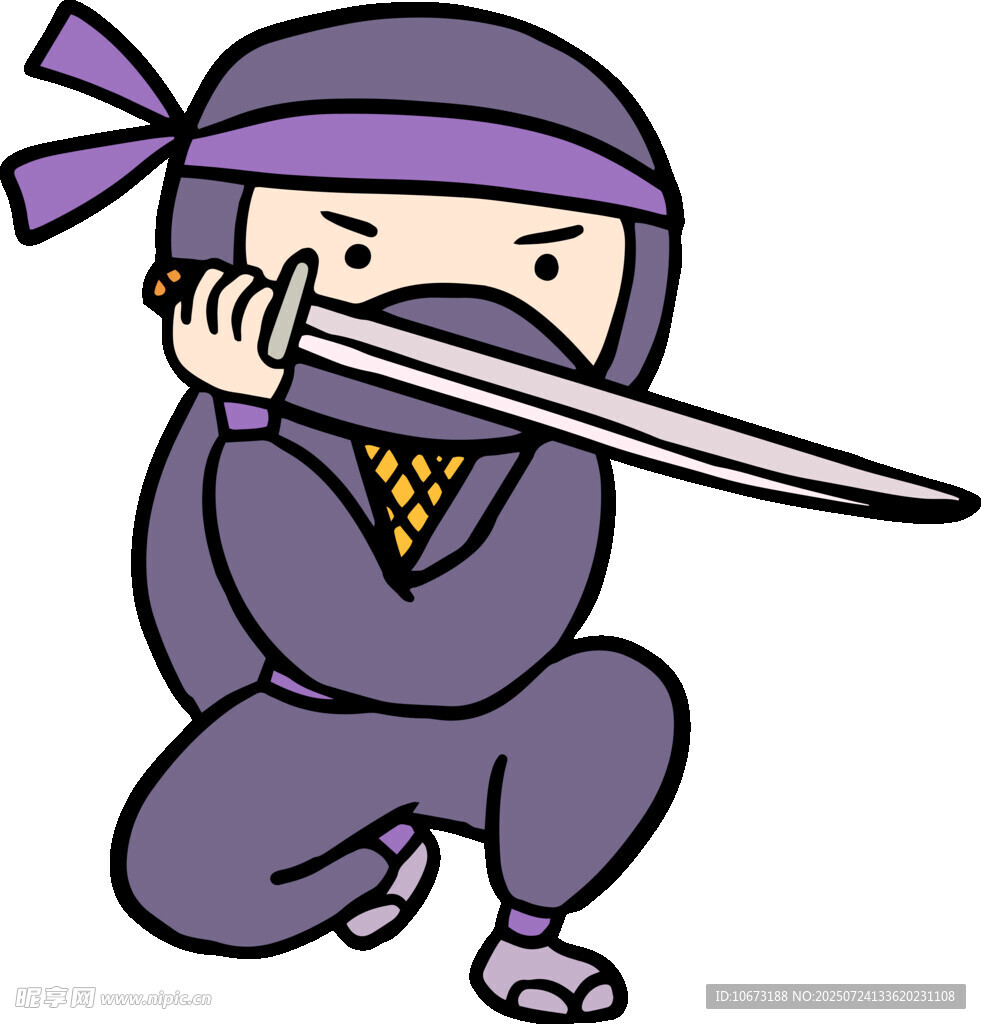 卡通忍者持剑蹲姿形象