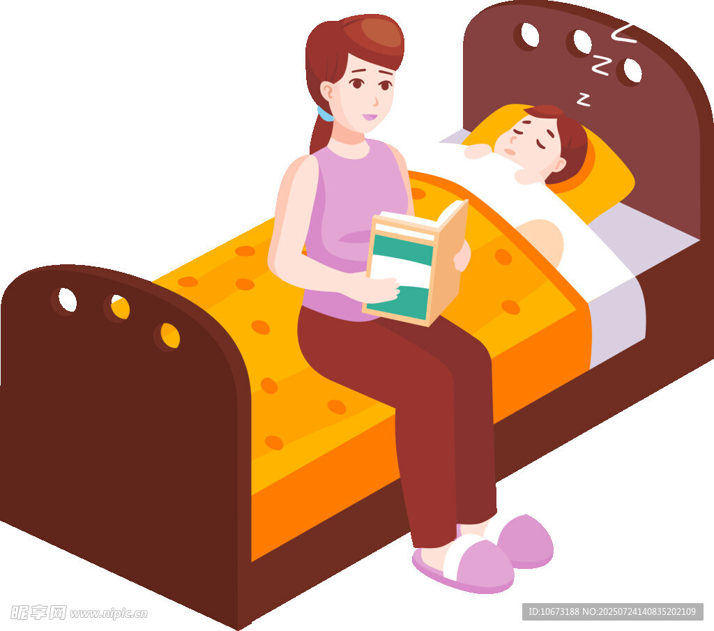 母亲床边为孩子读书
