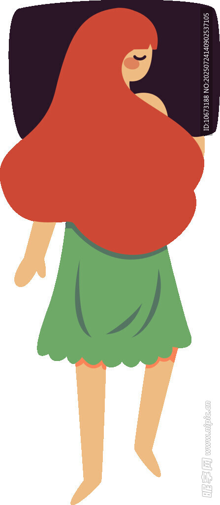 红发女子身着绿裙背影