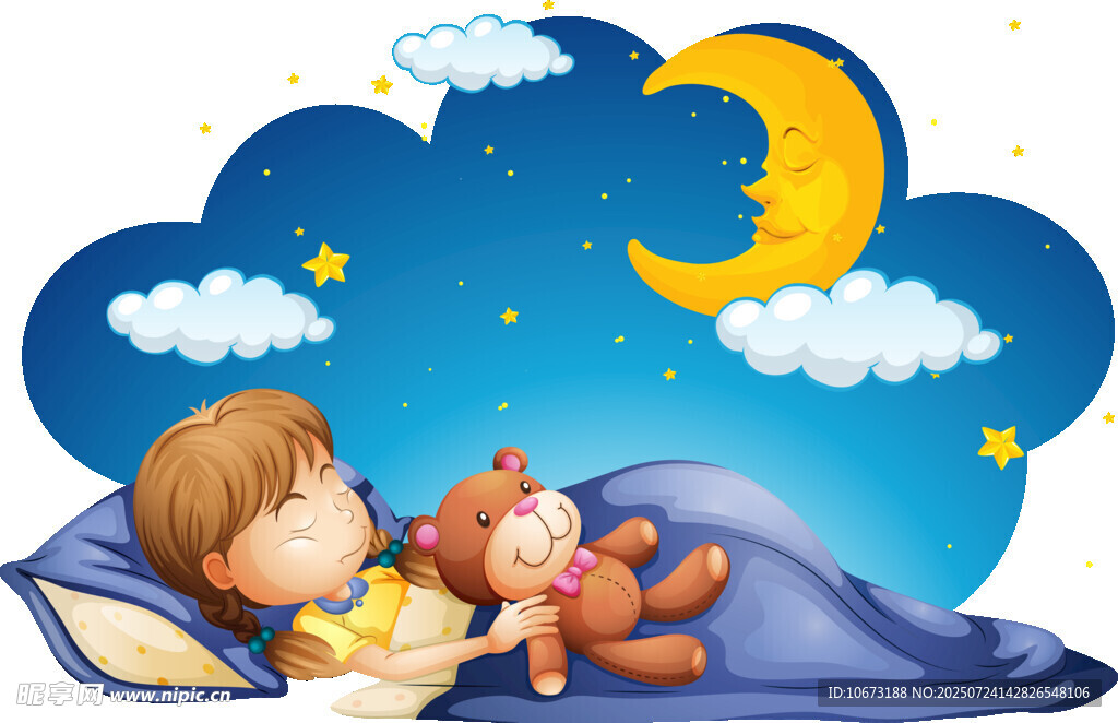 孩子枕着玩偶在月夜入眠