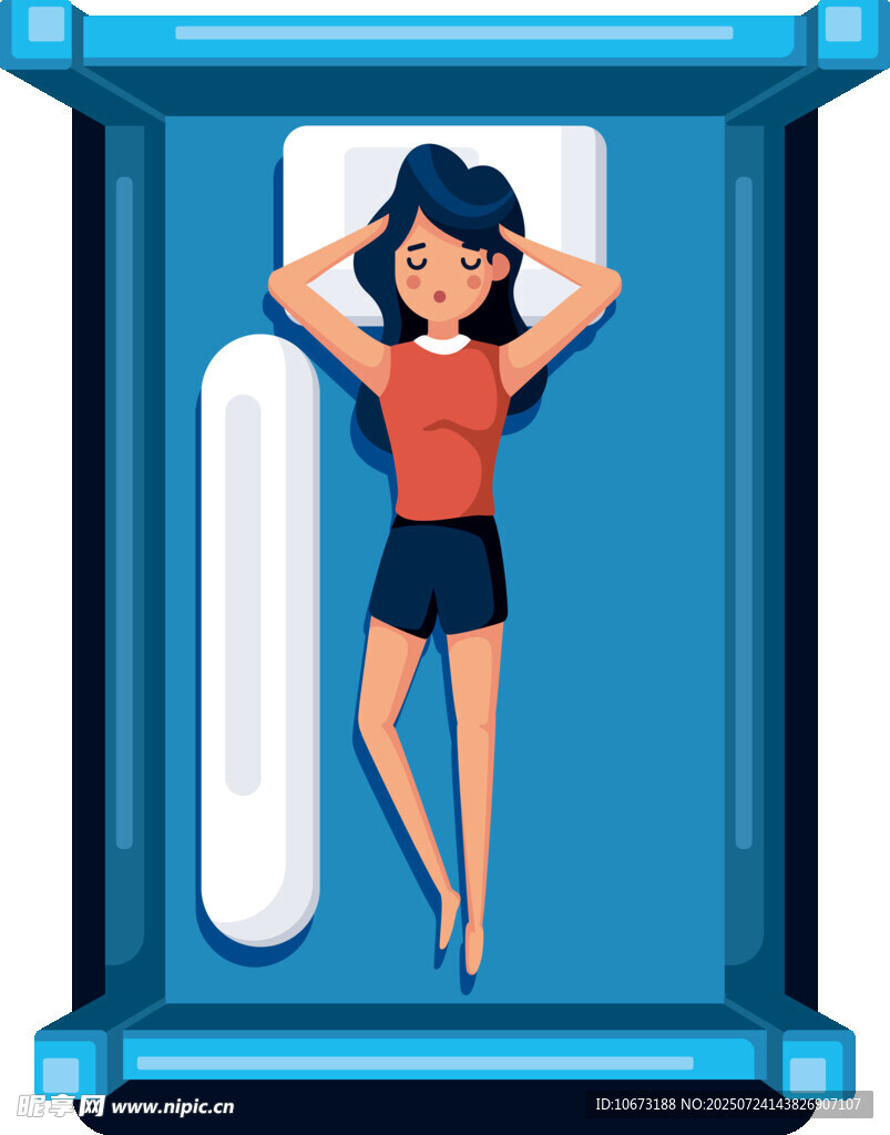 女子惬意躺于蓝色床榻上