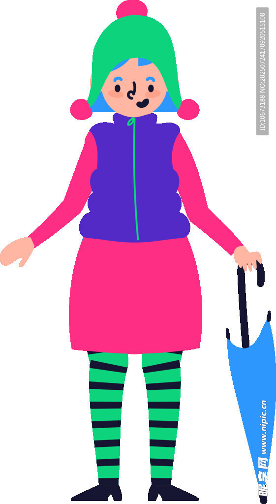 戴绿帽撑伞的时尚卡通女孩