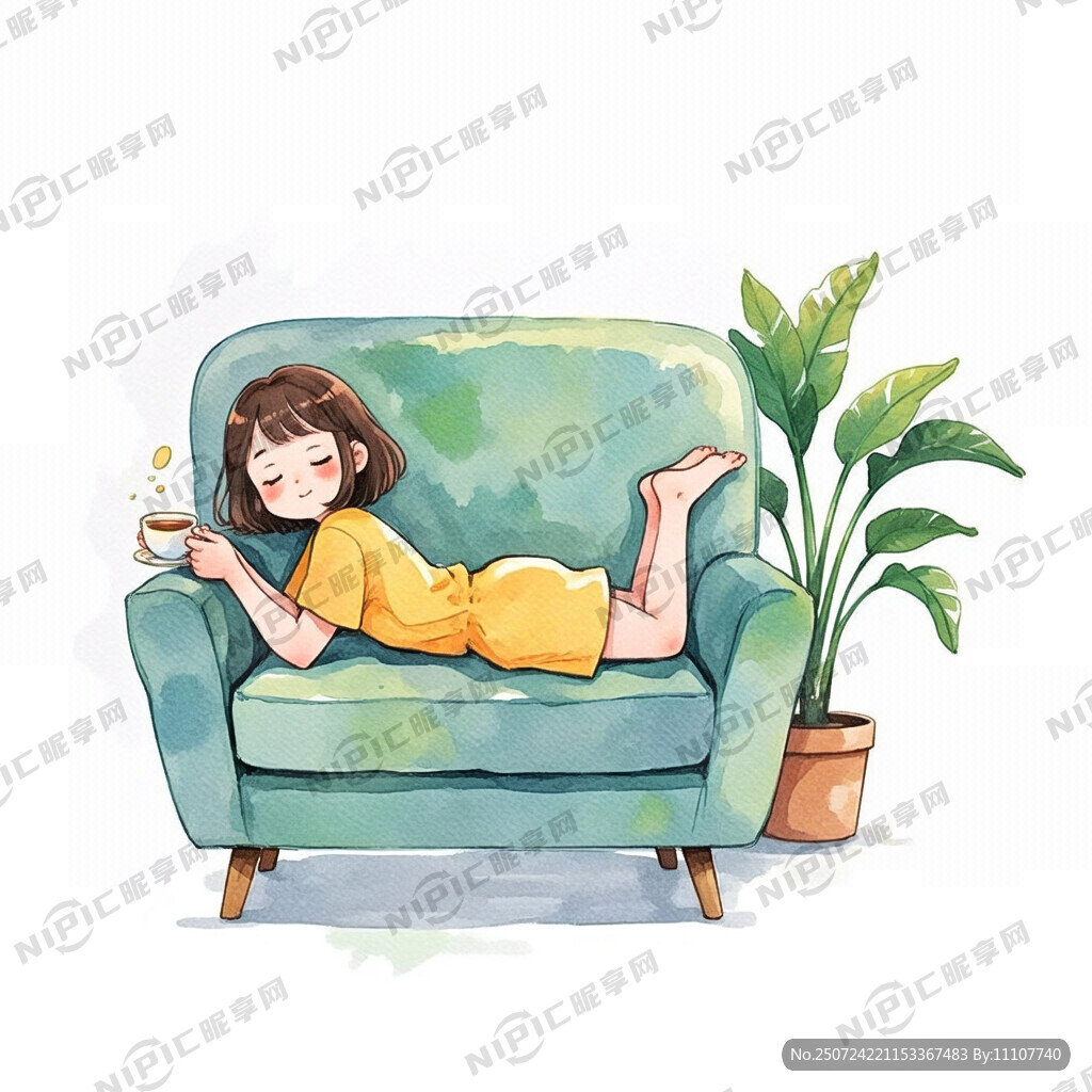 一个年轻女孩躺在单人沙发上端着