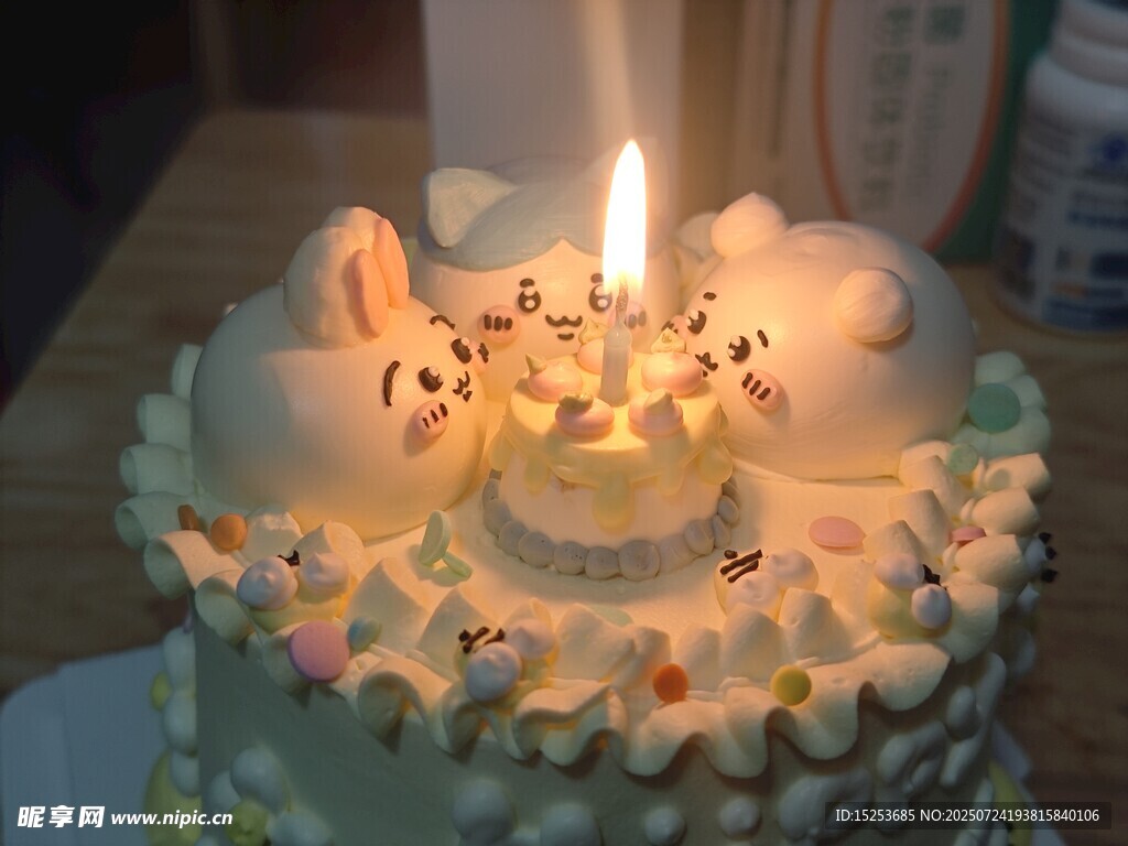 点燃蜡烛的可爱生日蛋糕