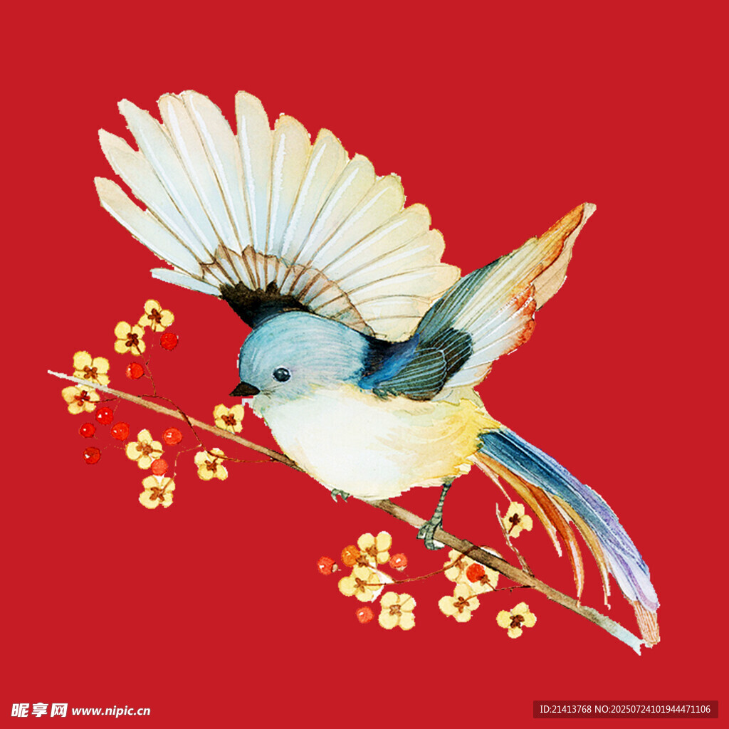 红底上展翅的花鸟图案