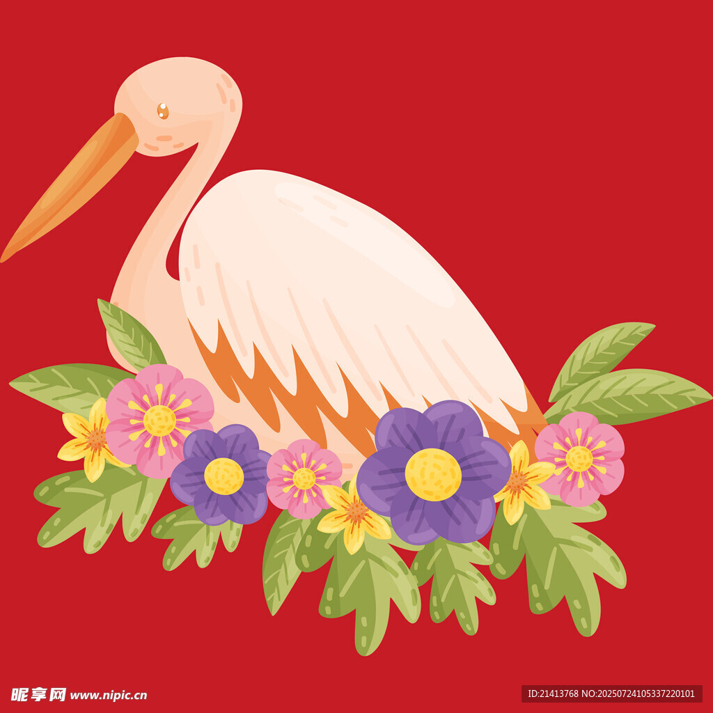 红底花卉旁的优雅白鹈鹕