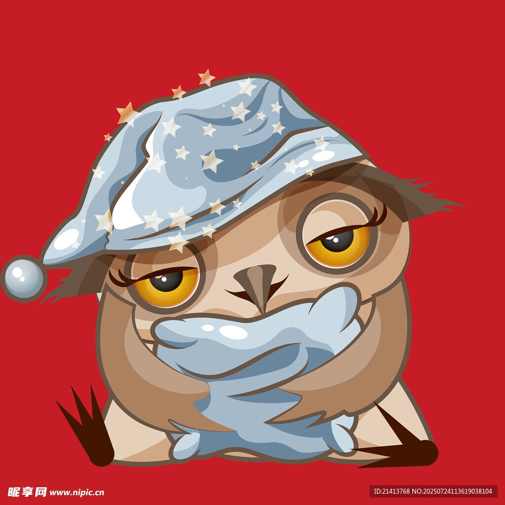 戴帽裹巾困倦的卡通猫头鹰