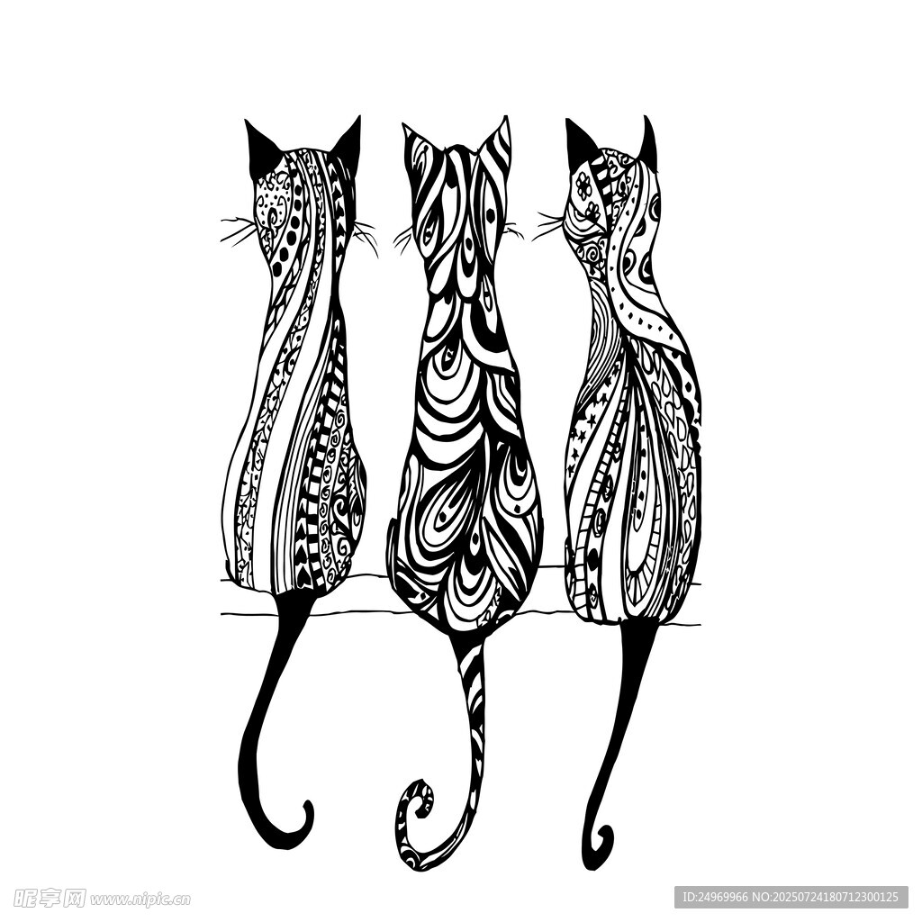 三只花纹猫背影插画