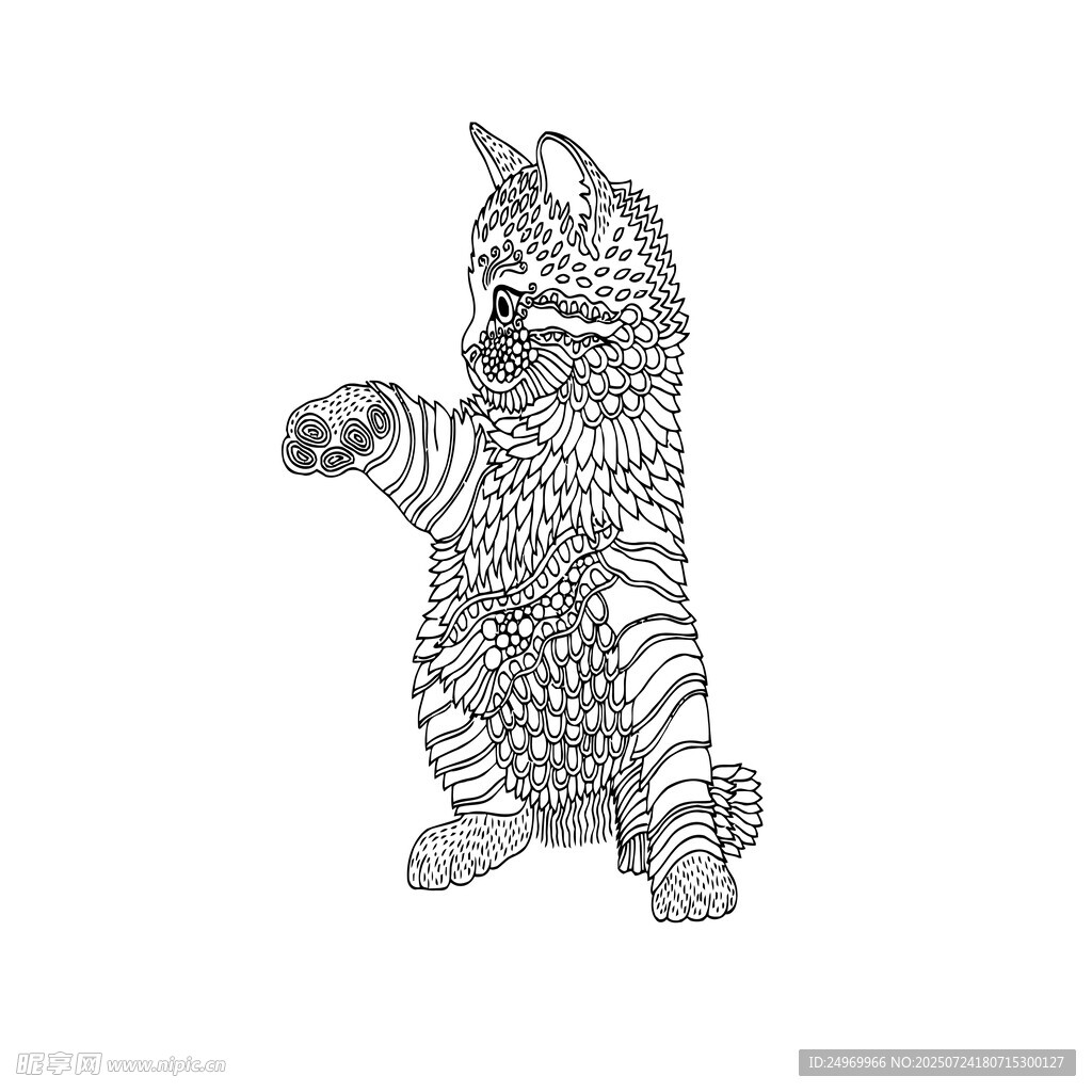 站立猫咪黑白线稿插画