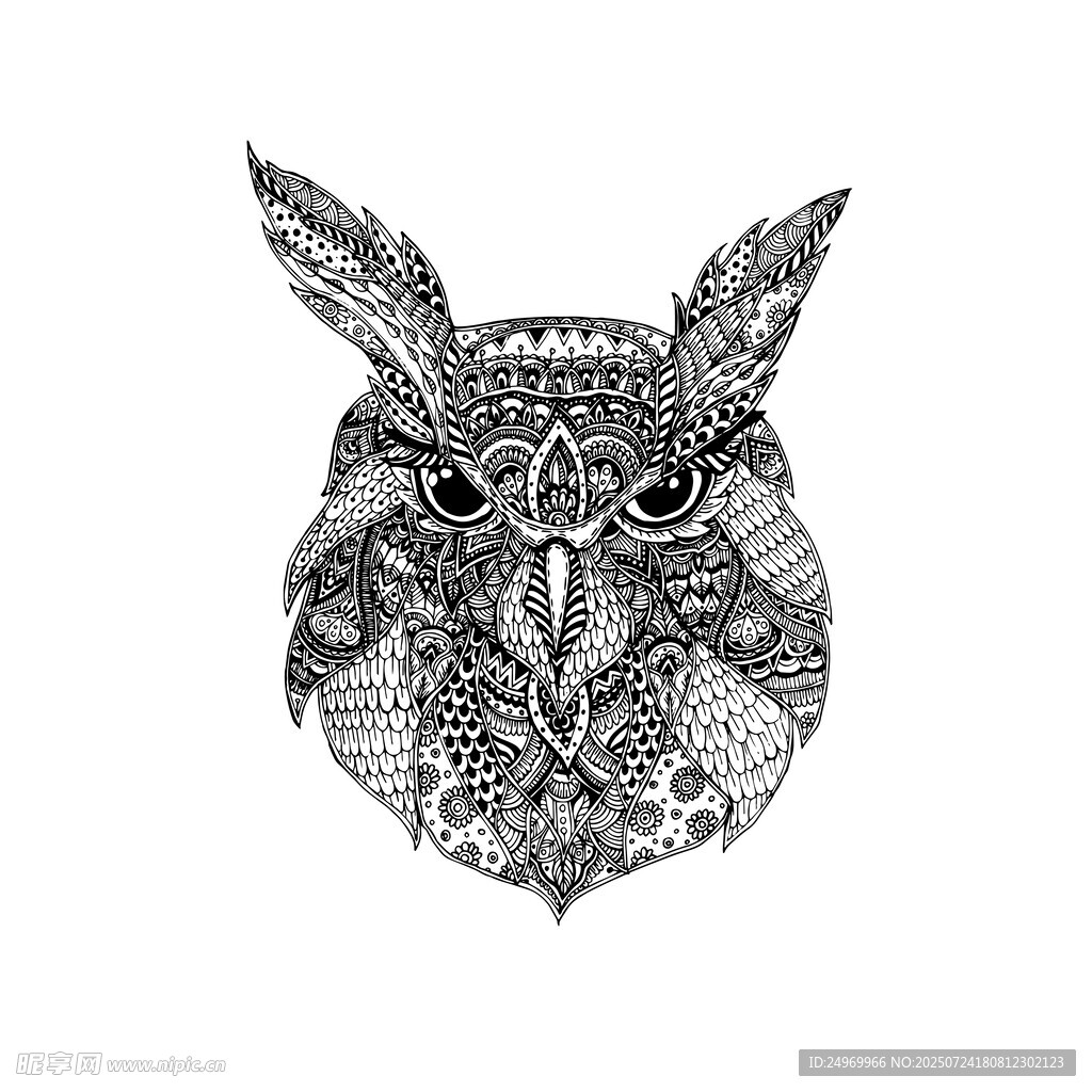 黑白猫头鹰图案艺术插画
