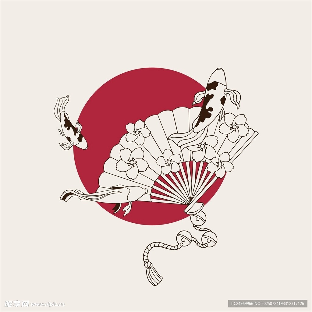 日式折扇与锦鲤插画图案