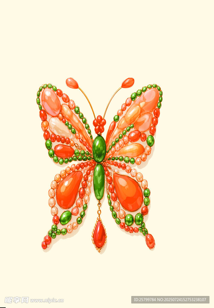 橙绿相间刺绣蝴蝶图案