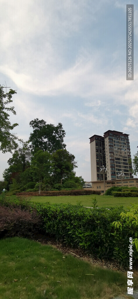 郊外草地旁的高耸建筑