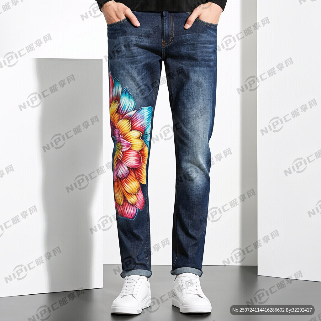 牛仔裤上有彩色图案