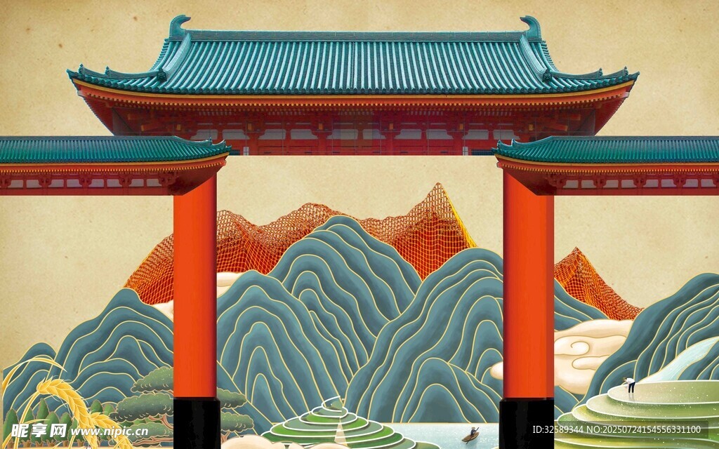 日式鸟居与山水景观