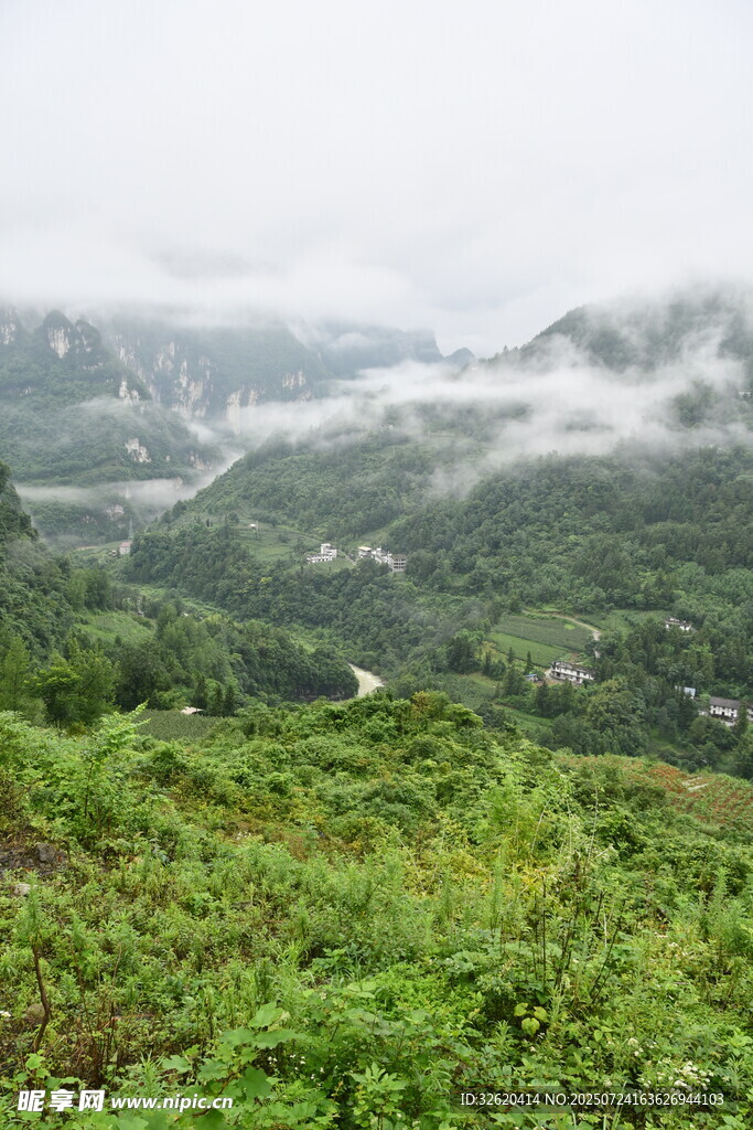 山间绿野云雾缭绕美景