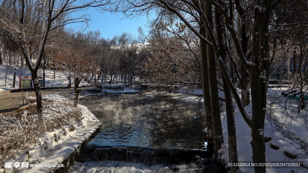 冬日林间溪流雪景