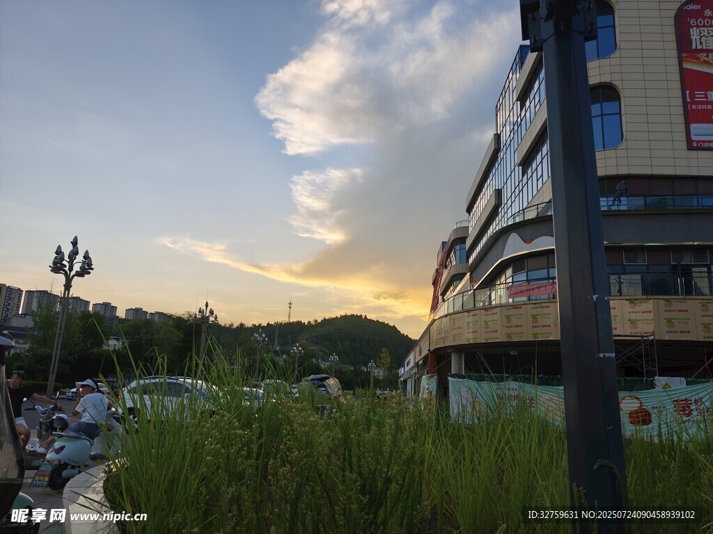 城市黄昏时的街景与绿植