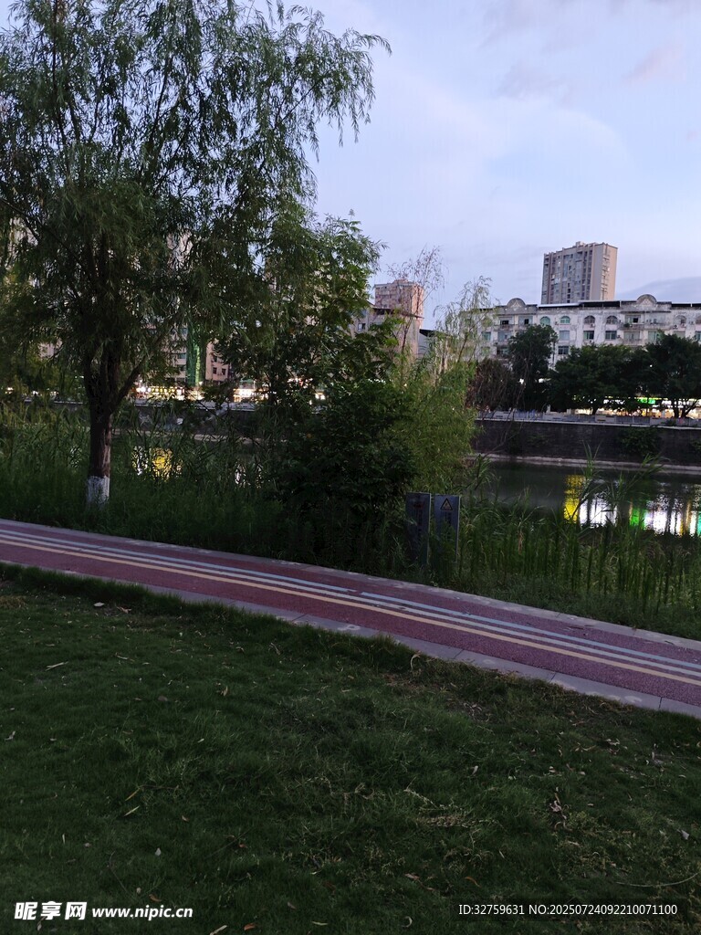 城市河畔的宁静绿地景观