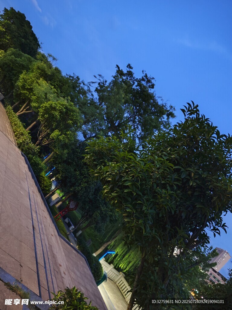 蓝天绿树旁的道路