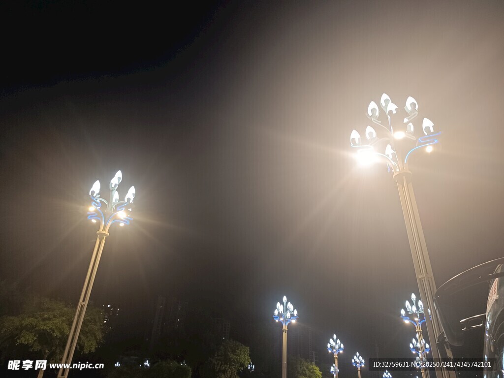 雾中夜景路灯璀璨
