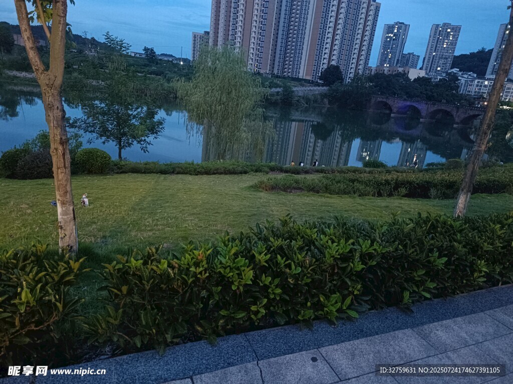城市湖畔绿意景观