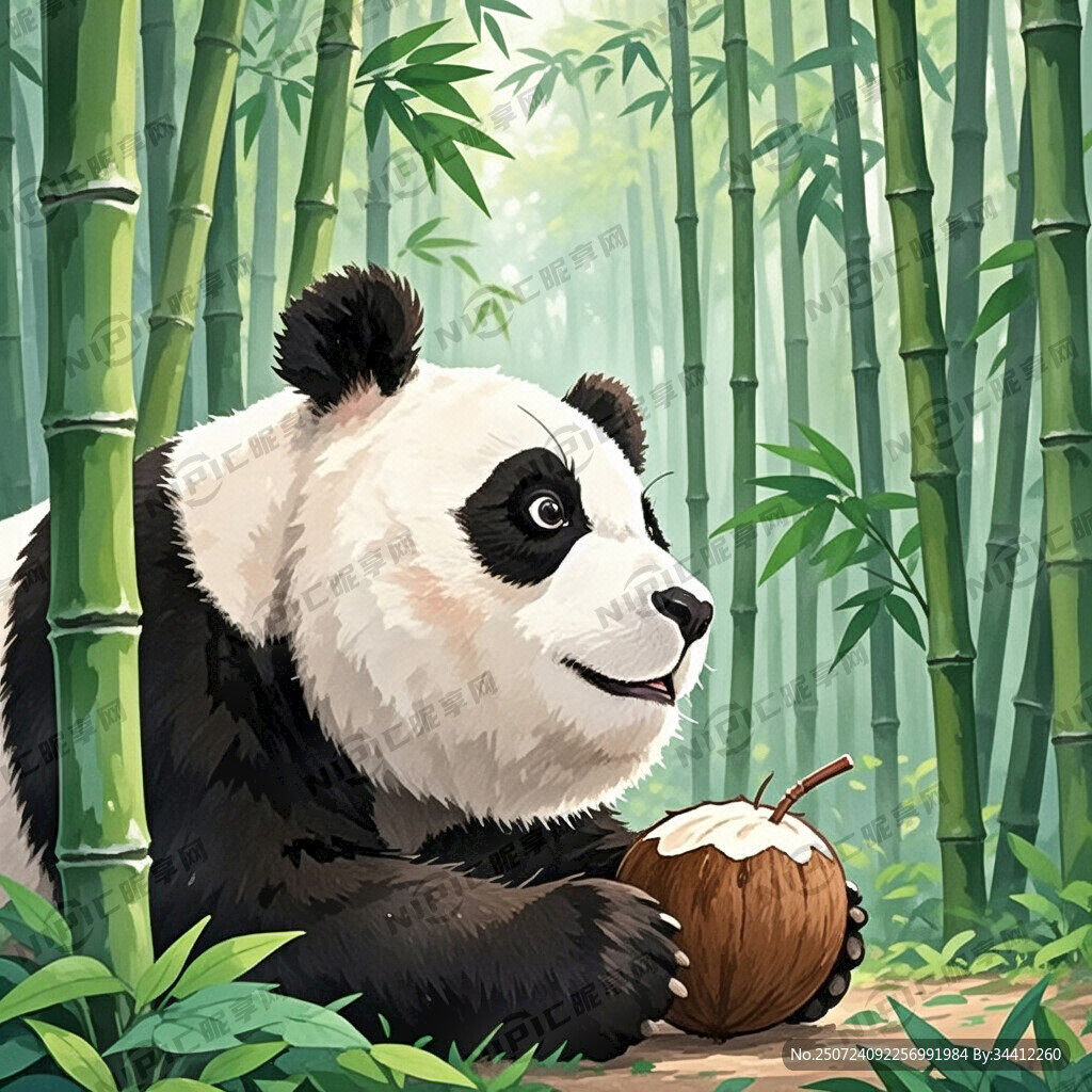 微侧脸角度熊猫趴着双手手里拿着