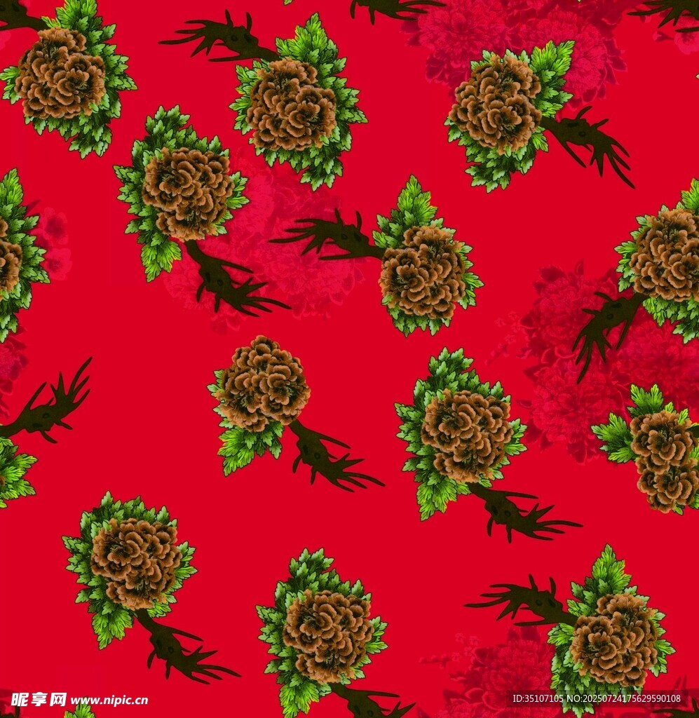 红色底花卉图案布料