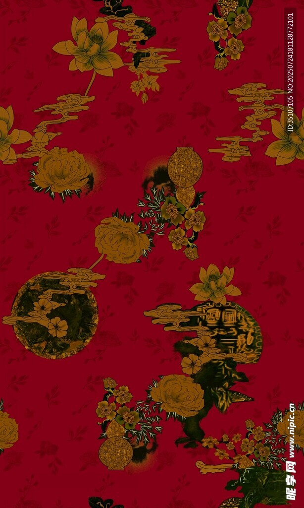 红色中式传统花卉纹图案